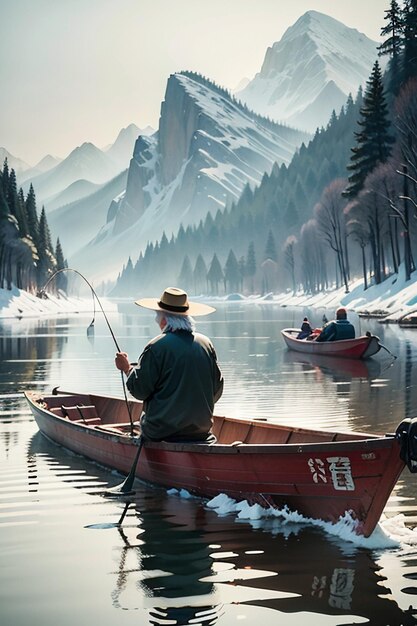 Oude man vissen in een boot met huizen bomen bossen en sneeuw bedekte bergen bij de rivier