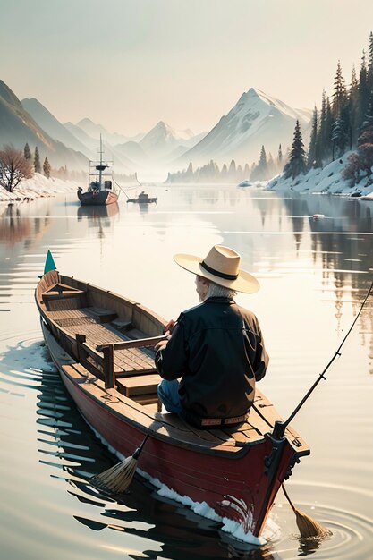 Oude man vissen in een boot met huizen bomen bossen en sneeuw bedekte bergen bij de rivier
