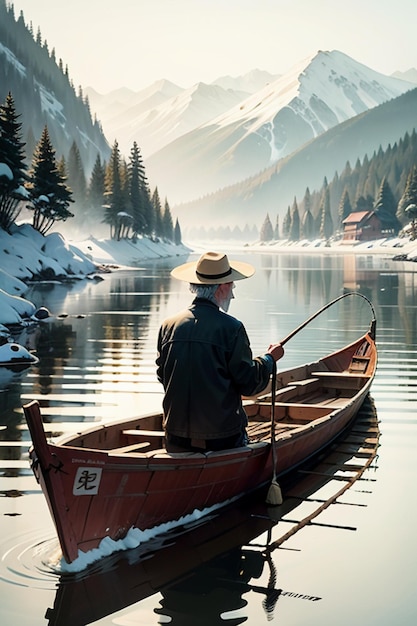 Oude man vissen in een boot met huizen bomen bossen en sneeuw bedekte bergen bij de rivier