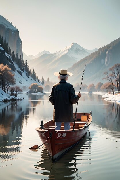 Oude man vissen in een boot met huizen bomen bossen en sneeuw bedekte bergen bij de rivier