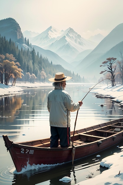 Oude man vissen in een boot met huizen bomen bossen en sneeuw bedekte bergen bij de rivier