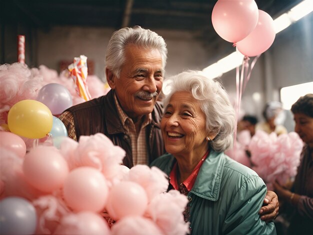Oude mannen en vrouwen close-up vrolijke gelukkige suikerspin chocolade snoep stok zeepbel b