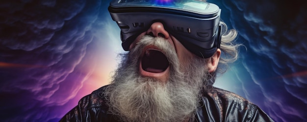 Oude mannen in futuristische VR-googles verkennen de wereld met het gevoel dat ze in de ruimte zijn.
