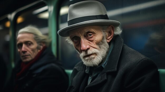 oude mannen op een trein en hoeden op hun hoofd