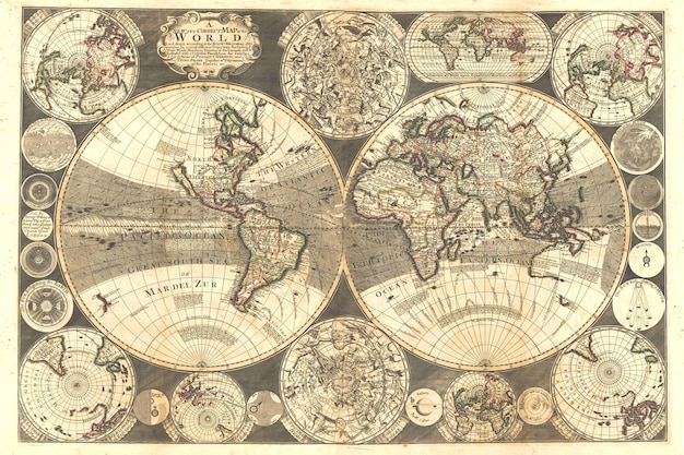 Oude middeleeuwse kaart van de wereld 1702