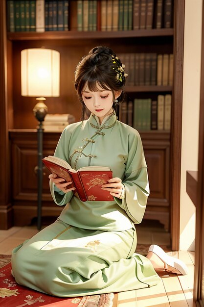 Oude mooie vrouw in groen Chinees Hanfu cheongsam die een boek leest in de studeerkamer