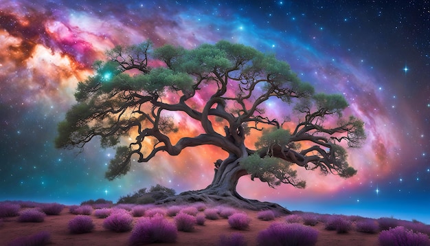 Foto oude mythische boom spreidt zijn takken uit voor een kleurrijke kosmische hemel gevuld met nevel