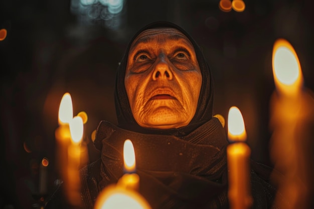 Oude non die bij kaarslicht in een donkere kamer bidt