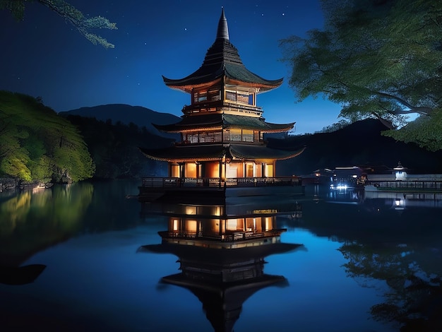Oude pagode weerspiegelt in donker water licht nachtelijke schoonheid