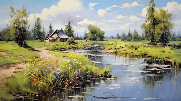 Oude penseelolie landelijke landschapsschilderijen mooie zomerse natuur illustratie van dorp en rivier