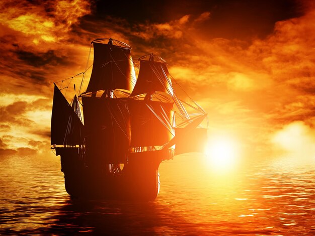 Oude piratenschip zeilt op de oceaan bij zonsondergang