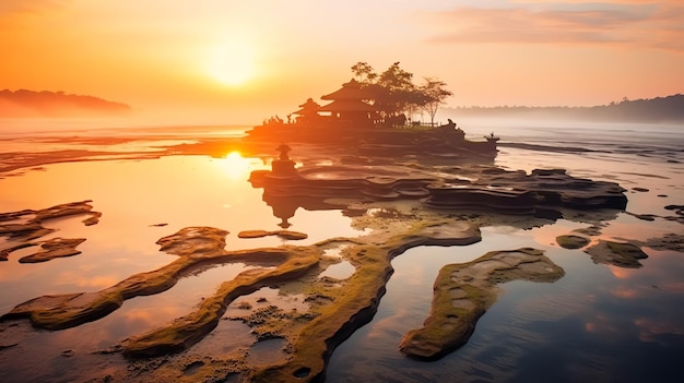 Oude pura ulun danu bratan besakih of beroemde hindoe tempel en toerist op het eiland bali bij zonsopgang