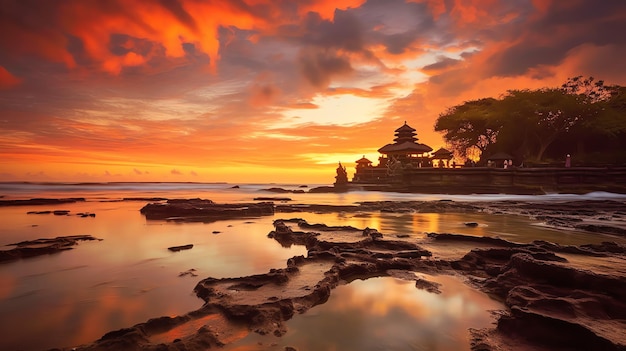 Oude pura ulun danu bratan besakih of beroemde hindoe tempel en toerist op het eiland bali bij zonsopgang