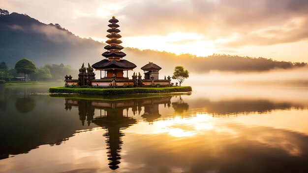 Oude pura ulun danu bratan besakih of beroemde hindoe tempel en toerist op het eiland bali bij zonsopgang