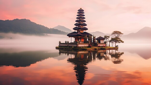 Oude pura ulun danu bratan besakih of beroemde hindoe tempel en toerist op het eiland bali bij zonsopgang