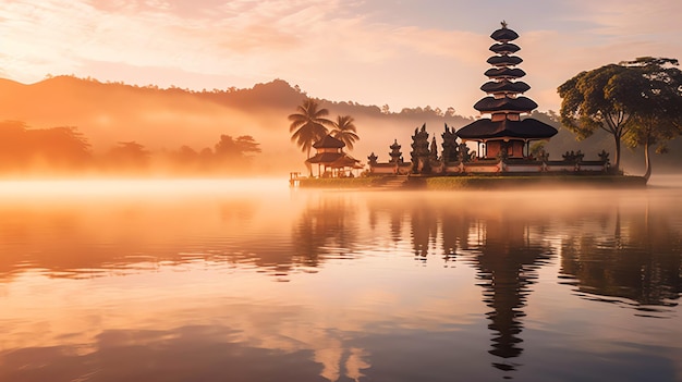 Oude pura ulun danu bratan besakih of beroemde hindoe tempel en toerist op het eiland bali bij zonsopgang