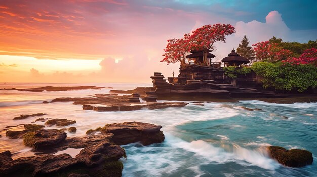 Foto oude pura ulun danu bratan besakih of beroemde hindoe tempel en toerist op het eiland bali bij zonsopgang