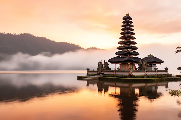 Oude pura ulun danu bratan besakih of beroemde hindoeïstische tempel en toerist op het eiland Bali bij zonsopgang