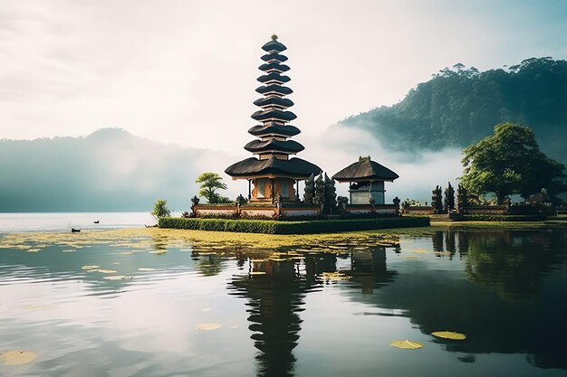 Oude pura ulun danu bratan besakih of beroemde hindoeïstische tempel en toerist op het eiland Bali bij zonsopgang