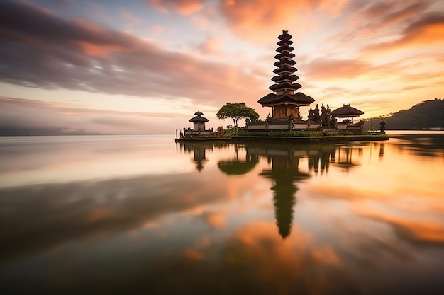 Oude pura ulun danu bratan besakih of beroemde hindoeïstische tempel en toerist op het eiland Bali bij zonsopgang