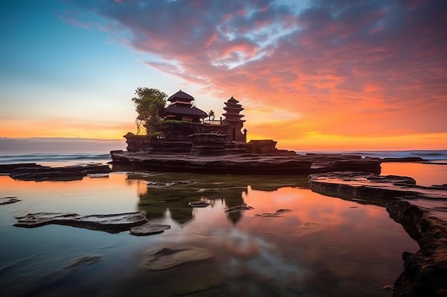 Oude pura ulun danu bratan besakih of beroemde hindoeïstische tempel en toerist op het eiland Bali bij zonsopgang