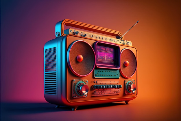 Oude radio, jaren 80 en 90, retro kleuren, achtergrond. Generatieve AI