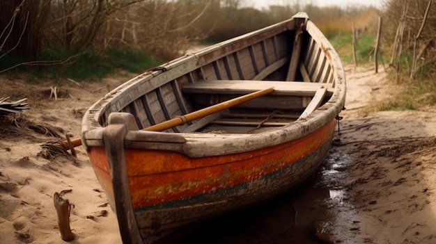 Oude roeiboot liep vast rond zand en plas water Generatieve AI