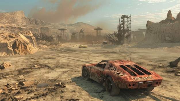 Oude roestige auto na de apocalyps uitzicht op vintage voertuig en rotsen in de woestijn als fantasy film Concept van dystopie race sport steampunk en apocalyptische toekomst