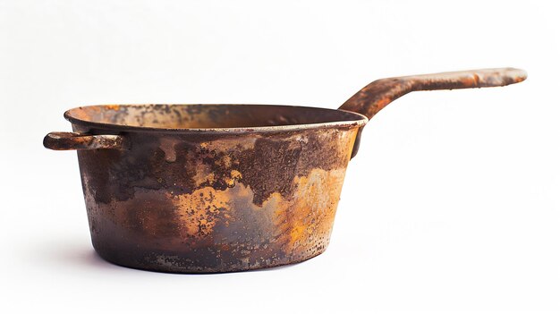 Foto oude roestige castiron pan op een witte achtergrond antieke ijzeren pan generatieve ai