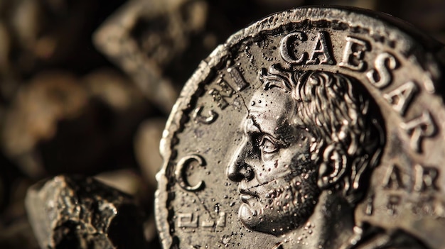 Oude Romeinse munt met portret van Julius Caesar fictie artefact voor vintage achtergrond gezicht van generaal op oud zilveren geld Concept van het Romeinse Rijk antieke kunst macro
