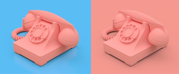 Oude roze telefoon op een roze en blauwe achtergrond. 3D illustratie.