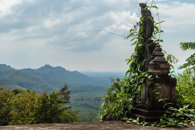 Oude ruïne gehuld in het groene gebladerte van het omringende landschap in thailand