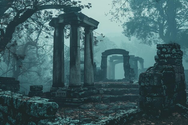 Foto oude ruïnes in een met mist bedekt bos