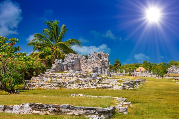 Oude ruïnes van Maya in de archeologische zone van El Rey in de buurt van Cancun Yukatan Mexico