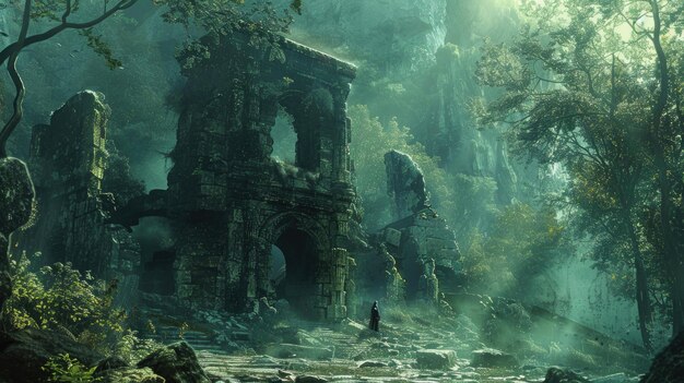 Oude ruïnes verkennen in een bos.