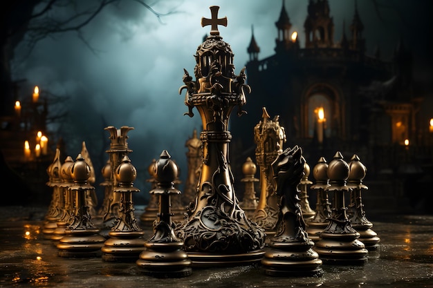 Oude schaakstukken op schaakbord Fantastisch slagveld