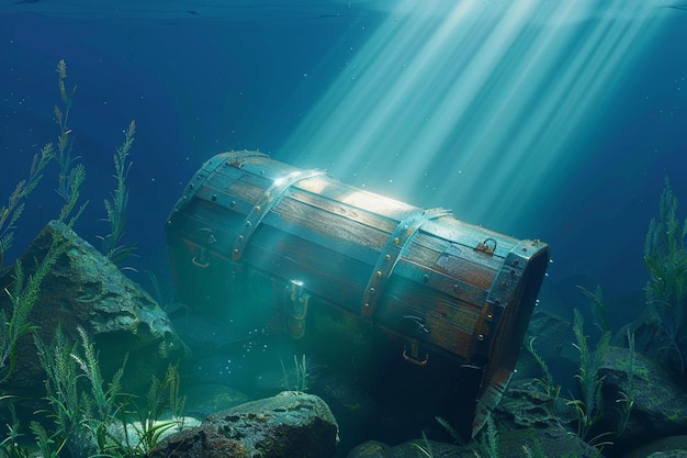 Oude schatkist die onder de zee is gezonken en etherisch licht uitzendt.