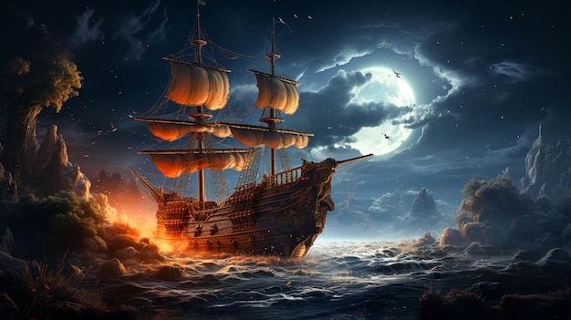 Oude scheepsnachtsterren en maan met maanverlichte nacht