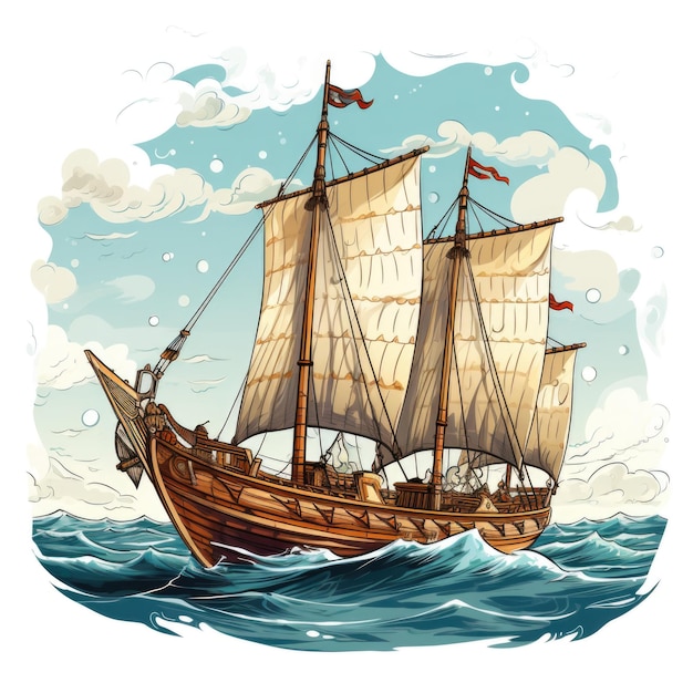 Oude schepen viking schip boten zeilen pijnlijke golven masten roeisport geschiedenis oude tijd stijl cartoon hand tekenen