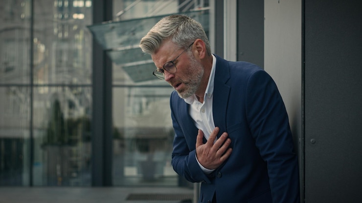 Foto oude senior ziek ongezond ongezond werkgever zakenman gestrest volwassen zakenman borstpijn