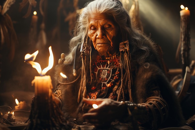 Oude sjamaan voert zuivering uit met kruidenrook in een heilige ceremonie generatieve IA