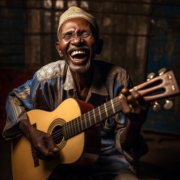 Foto oude somalische man die gitaar speelt op een donkere achtergrond