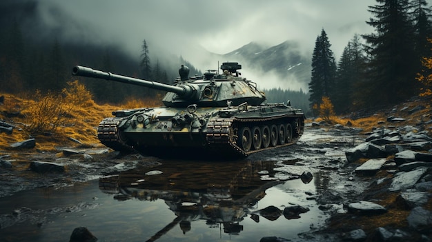 Oude Sovjet-tank in regen op het landschap van de gevechtsplaats