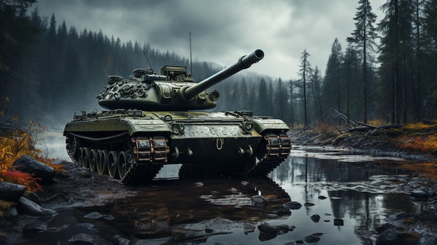 Oude Sovjet-tank in regen op het landschap van de gevechtsplaats