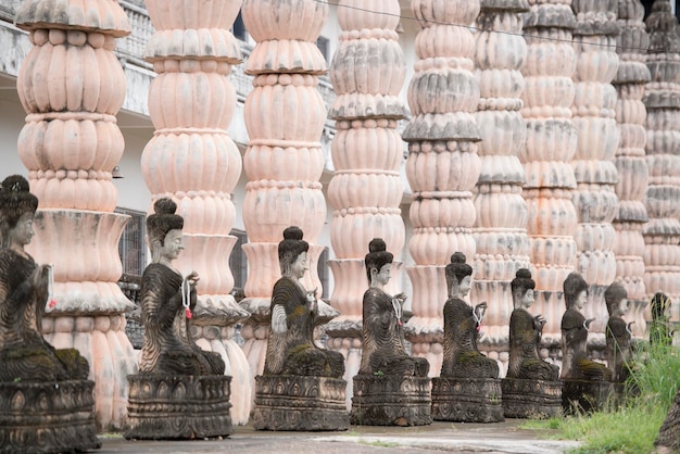Foto oude standbeelden van boeddha in rij bij zuilen in de tempel