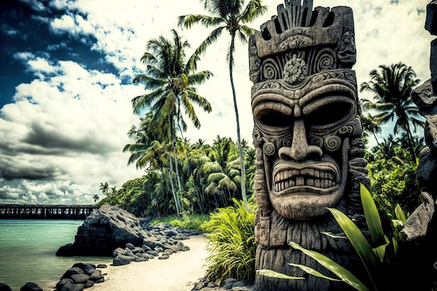 Oude stenen idolen tiki-masker op strand op exotisch eiland