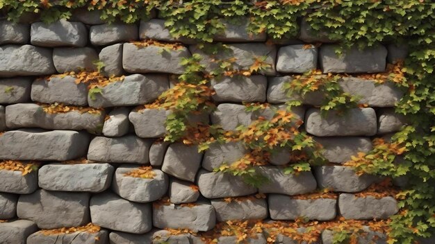 Oude stenen muur met bladeren