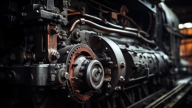 Oude stoomtrein locomotief wielen close-up view AI gegenereerde afbeelding