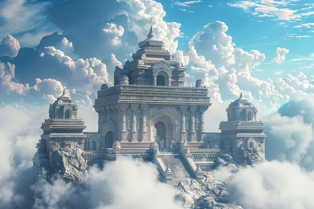 Oude tempel in de wolken bewaakt door mythische c