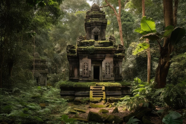 Oude tempel omgeven door weelderig groen en torenhoge bomen